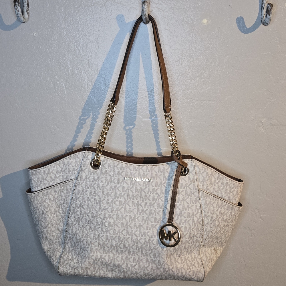 Michael Kors Jet Set White and Brown Signature Tote